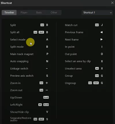 CapCut shortcuts