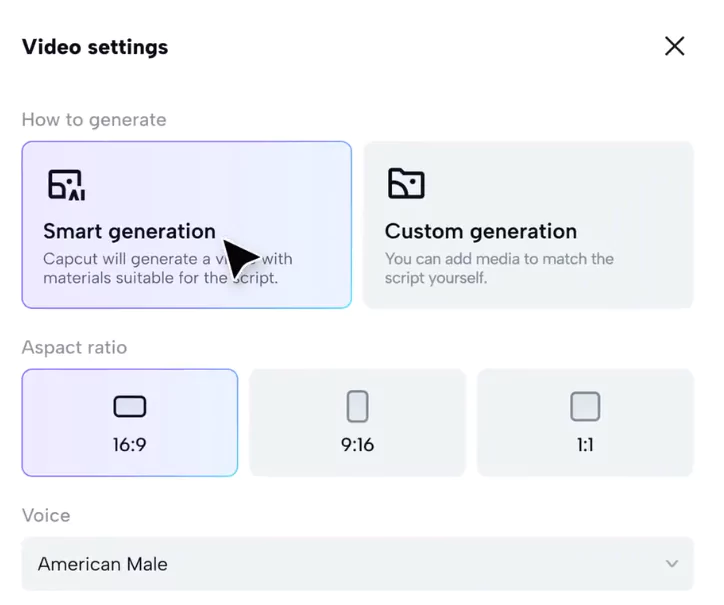 Video Generation settings on CapCut AI