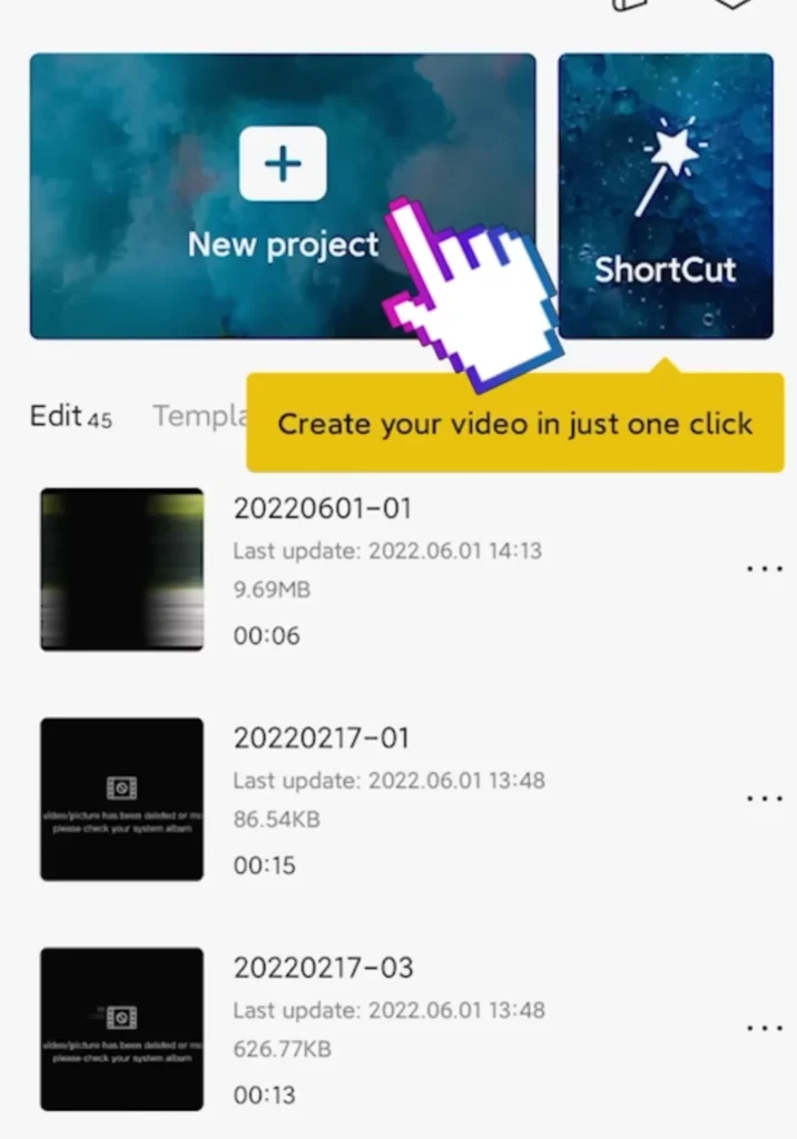 Create new project in CapCut