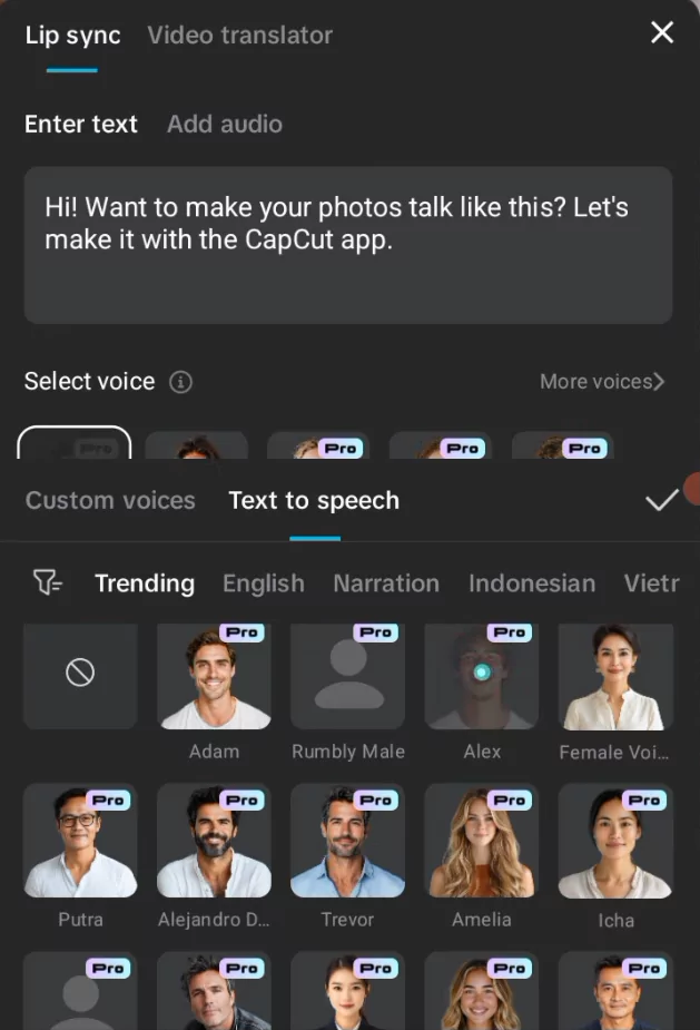 CapCut Lip Sync Not Working? Here's How to Fix It 6 Choose capcut text to speech