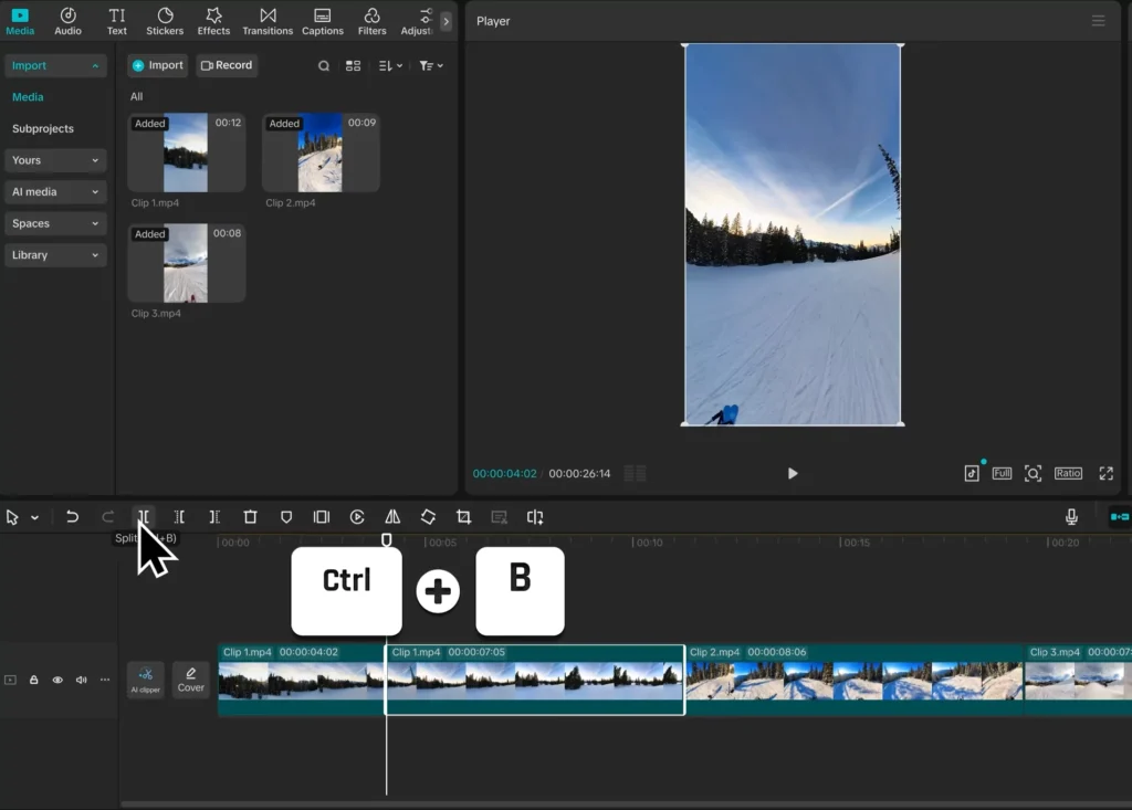 CapCut Masterclass: The Complete Beginner-to-Pro Video Editing Guide (2025) 15 Use ctrl+B to trim the clip