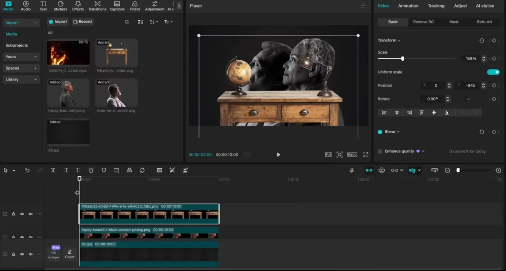YouTube Storytelling with CapCut: Cinematic Editing Tips for Creators 13 Animate the desk layer using keyframe