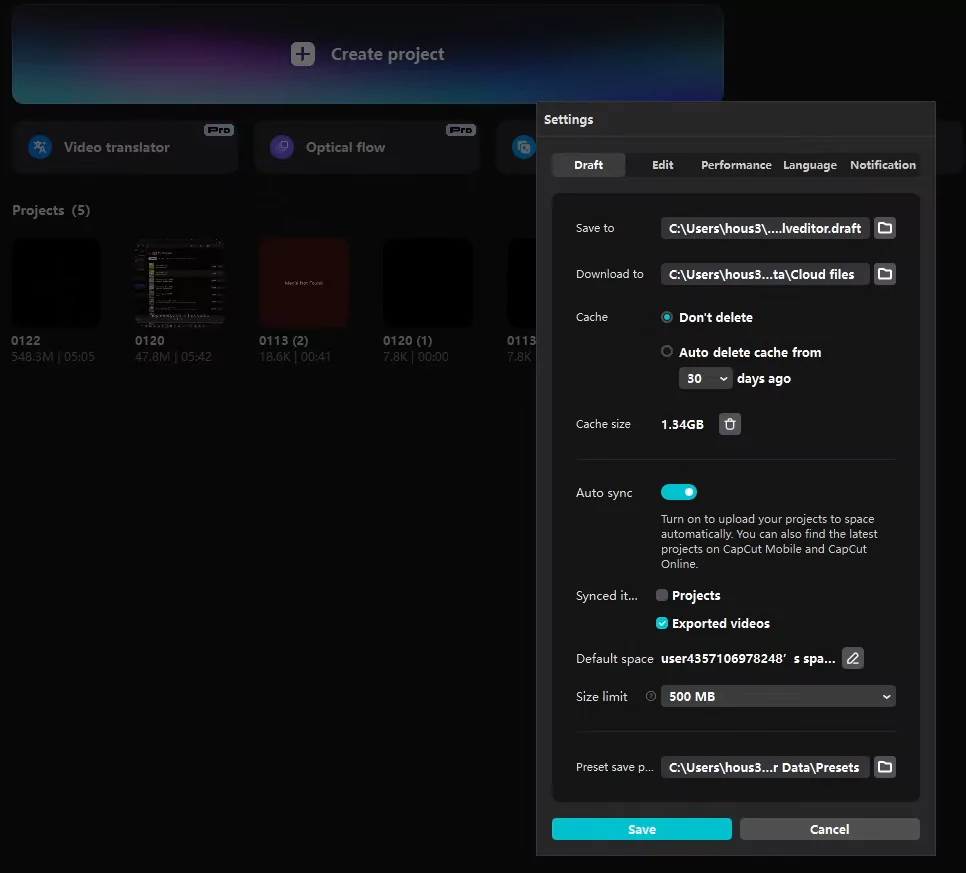 Settings screen