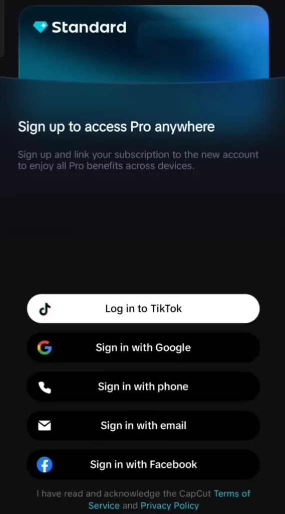 CapCut Sign up screen
