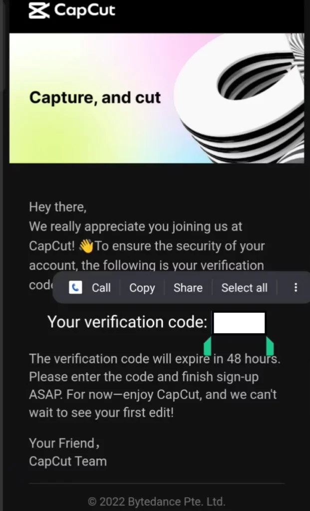 Copy the verification code from email