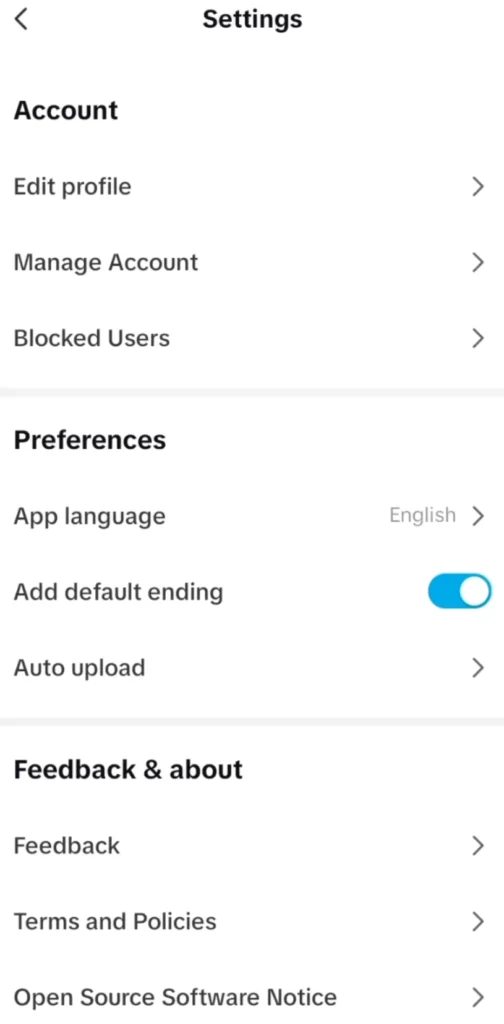 Settings menu