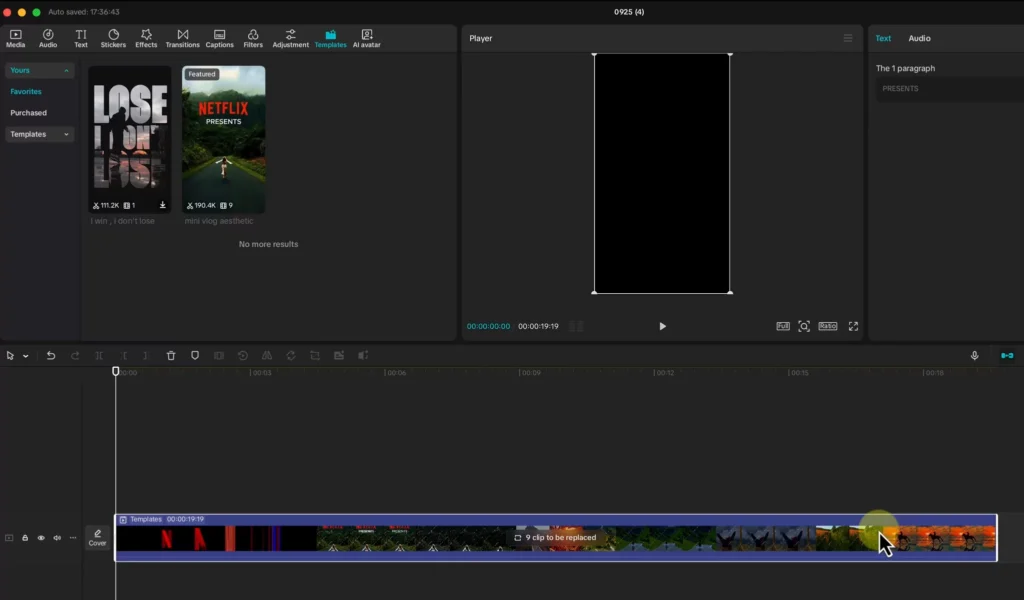 Downloading the template to the timeline