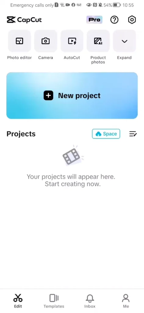 CapCut app home screen