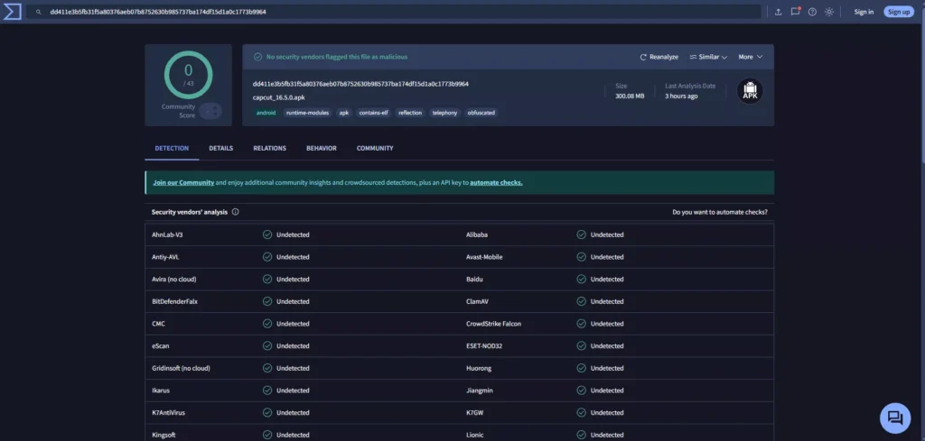 Virus scan report displaying zero threats detected by multiple security vendors