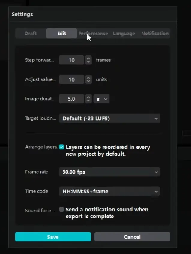 Managing the settings from the menu