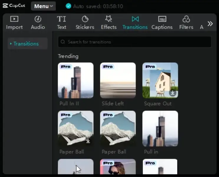 Transitions tab in CapCut PC