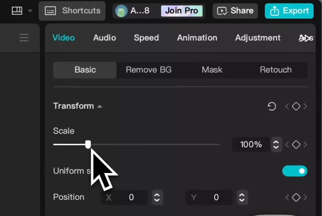 Adjusting the scale on CapCut PC