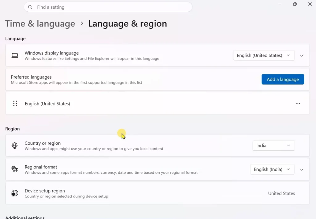 Changing the country and region settings in Windows