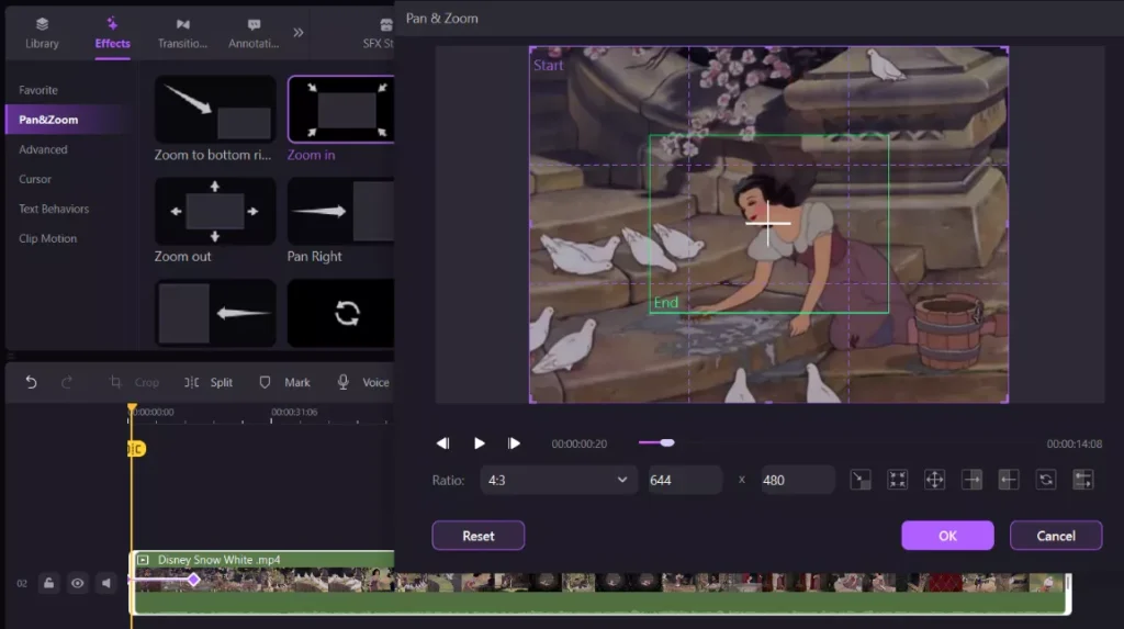 Effects and transitions can be added to trimmed footage
