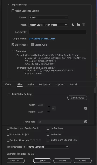 Export settings for your trimmed clip