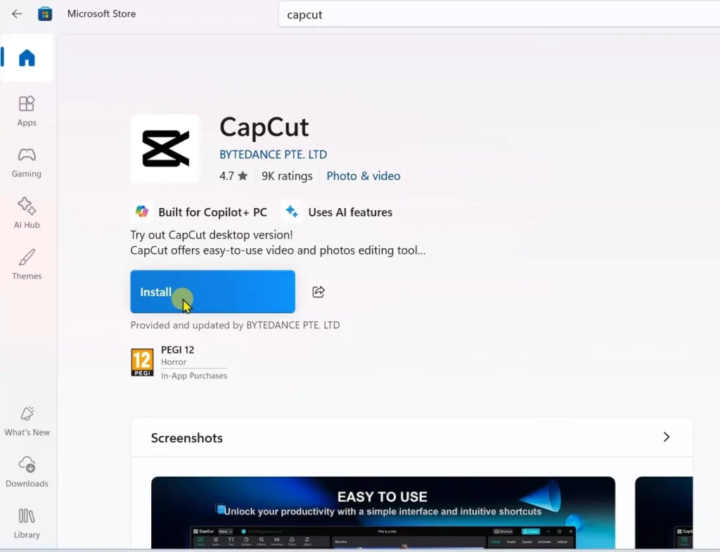 Now install CapCut from the Microsoft store