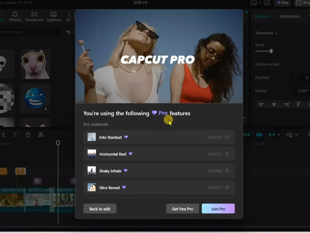 Pop up appears that you are using CapCut PRO features
