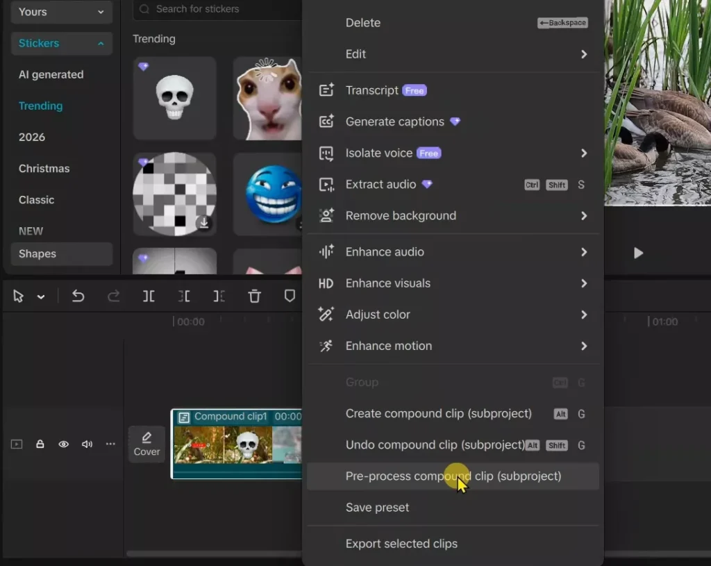 Select pre-process compound clip