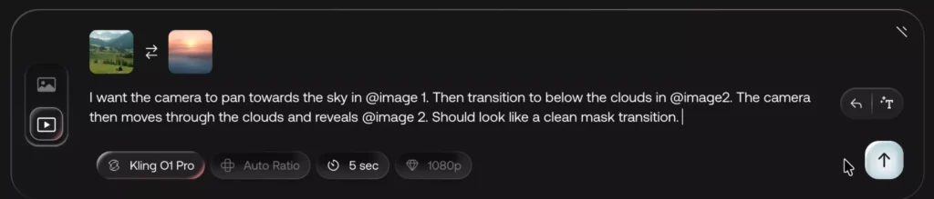 Upload the two still frames and write the prompt in Artlist