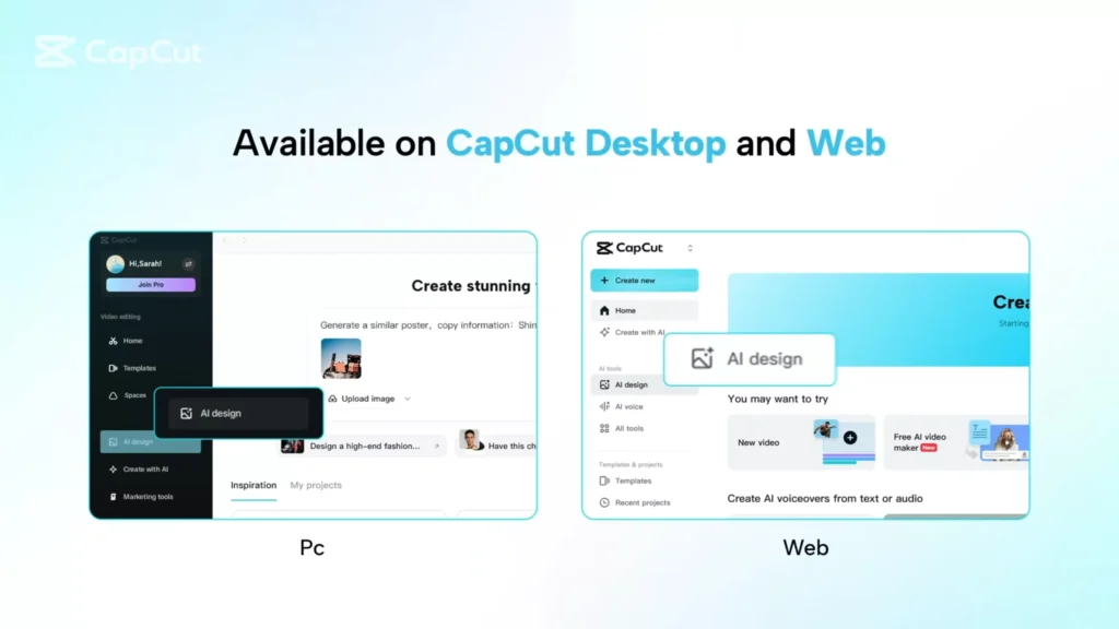 CapCut AI design available on desktop and web