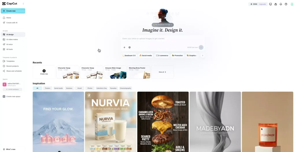 CapCut AI workspace in the browser