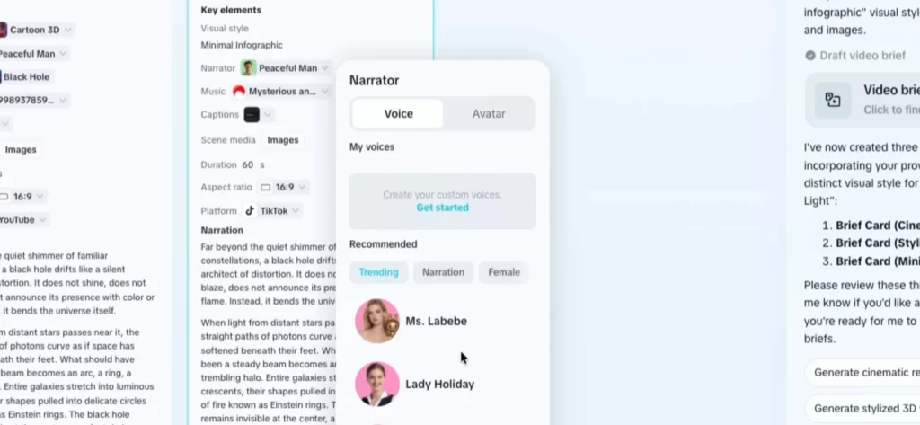 It generates visuals and voiceovers