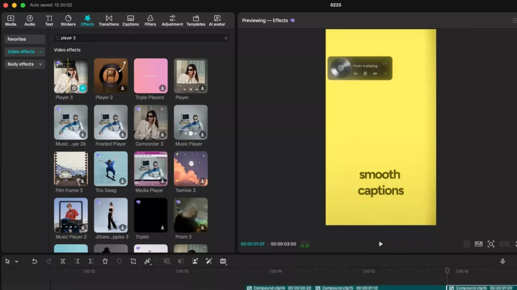 Player 3 video effect in the effects tab