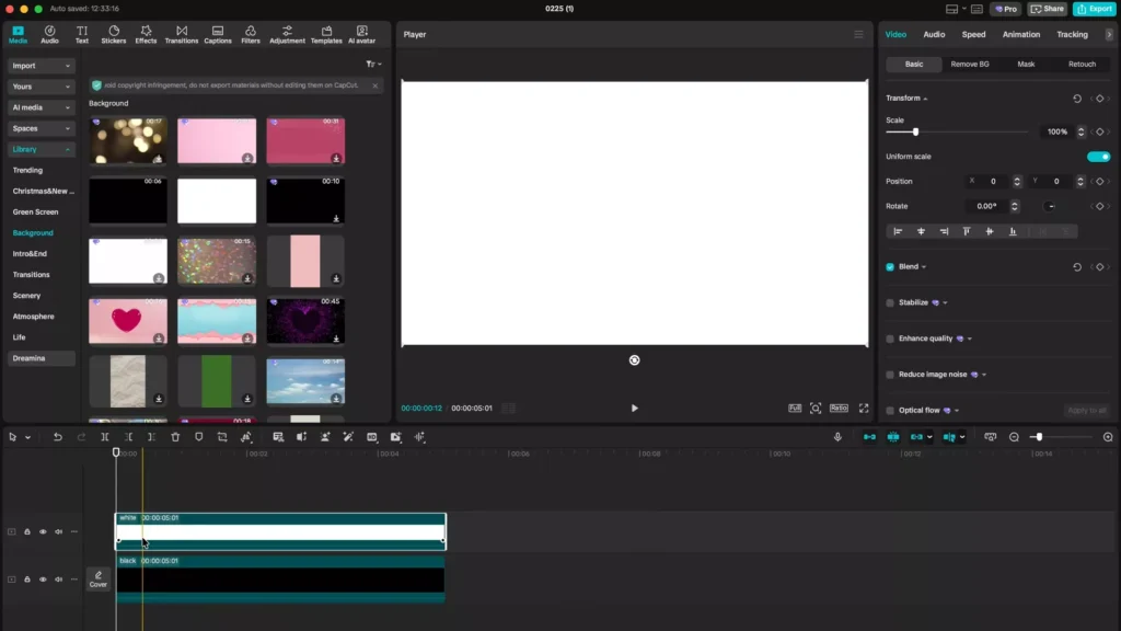 Put the black as well as white backgrounds on to your timeline