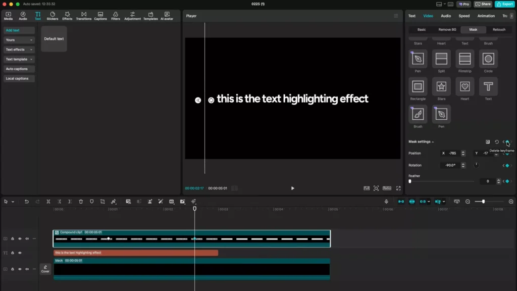 Setting the mask keyframes where you want to highlight text
