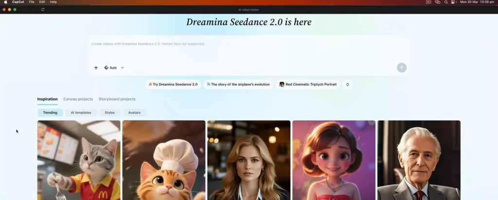 Dreamina Seedance 2.0 screen within CapCut