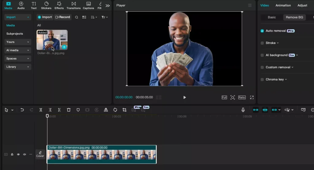 Background is removed using the auto cut out feature