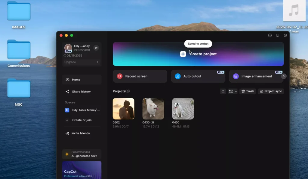 Open capcut and create new project