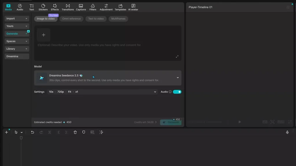 Click generate and choose Dreamina Seedance 2.5