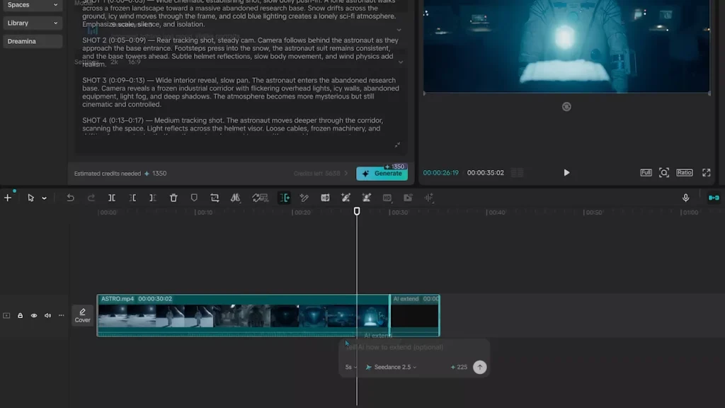 Extending the footage using AI extend